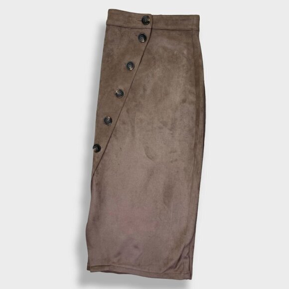 A Beautiful Soul Faux Suede Wrap Skirt Brown With Working Buttons Size A (14/16) - Picture 3 of 6